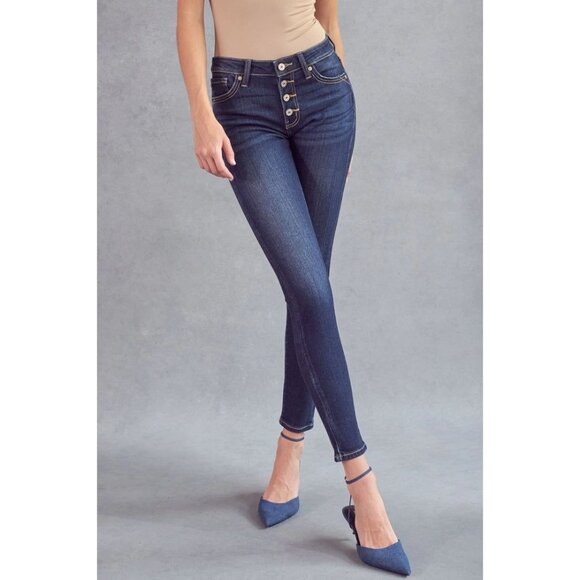 KANCAN Midrise Super Skinny Dark Wash Button Fly Blue Jeans Womens 28 - Picture 1 of 12